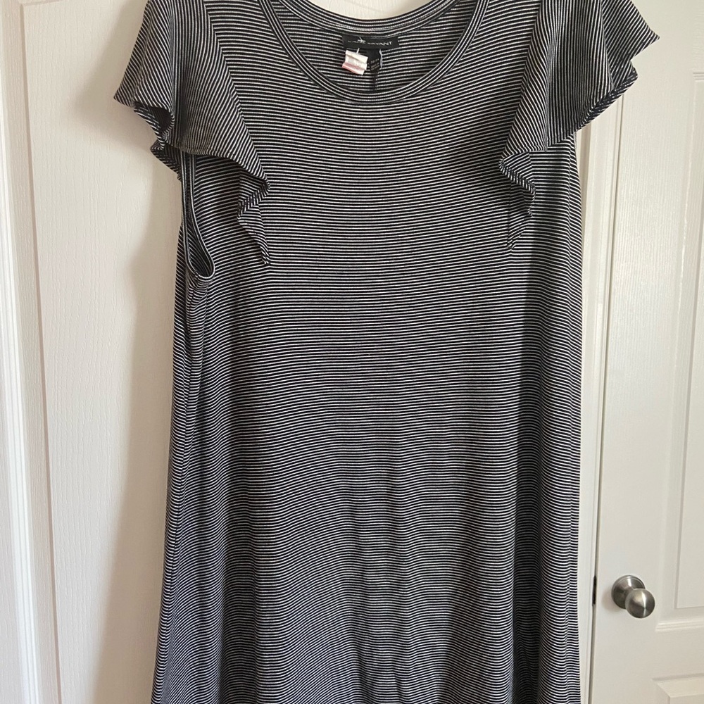 Lane Bryant Black and White Striped Midi Dress with Flutter Sleeves